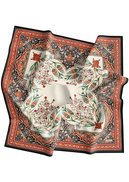 Turuncu Siyah Şamdan Lale Desen Ipek Eşarp modelleri