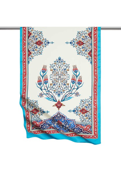 Kırmızı Turkuaz Şamdan Desen Geniş Ipeksi Fular