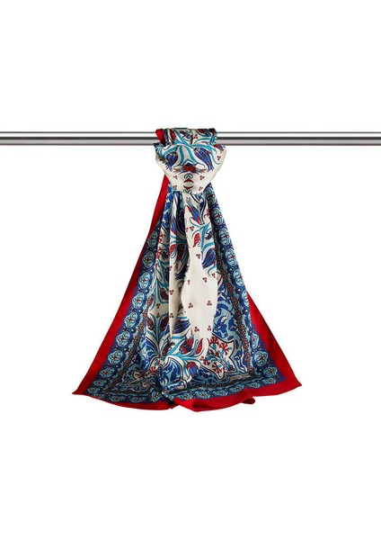 Saks Kırmızı Çini Lale Desen Dar Ipeksi Fular modelleri