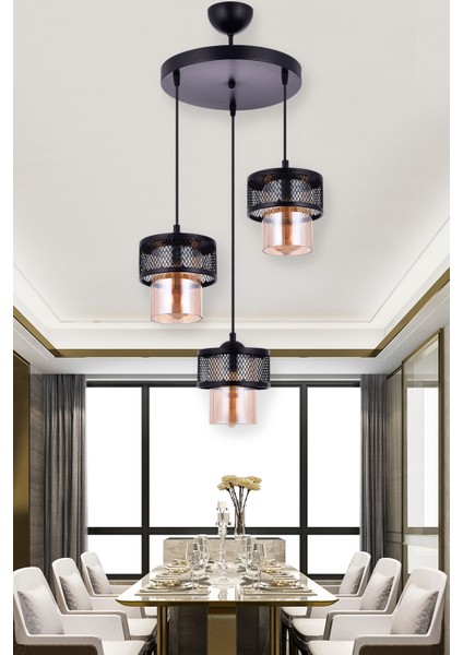 Elegans 3 Lü Camlı Sarkıt Avize (Siyah)