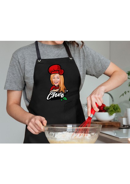 Kişiye Özel Kadın Chef Karikatürlü Profesyonel Siyah Mutfak Önlüğü, Aşçı Önlüğü, Şef Önlüğü, Arkadaşa Hediye-3