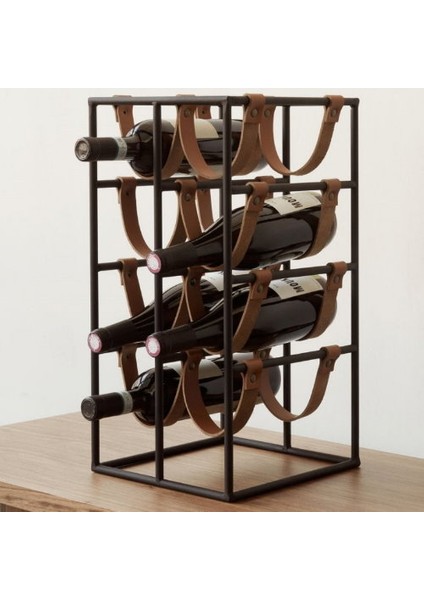 Dekoratif Wine Rack Drink 8 Li  Stand Metal Şaraplık Içecek Standı  Deri Bantlı Şaraplık