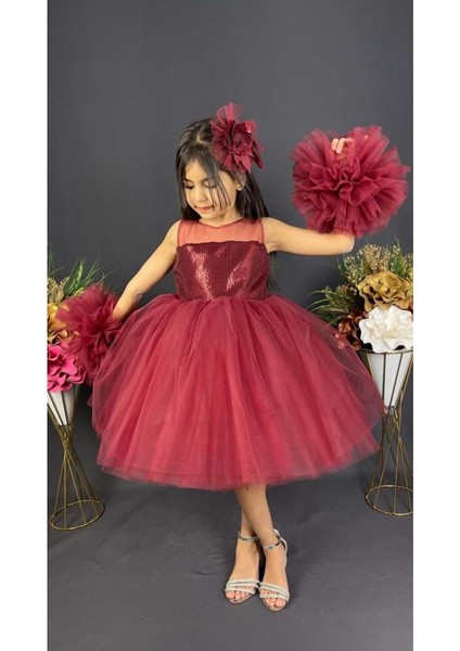 Mnk Baby Şifon Robalı Ponpon Kol Pul Payetli Kız Çocuk Kabarık Etek Tütülü Abiye