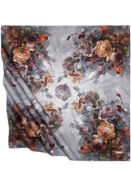 Gri Çiçek Desen Ipeksi Eşarp