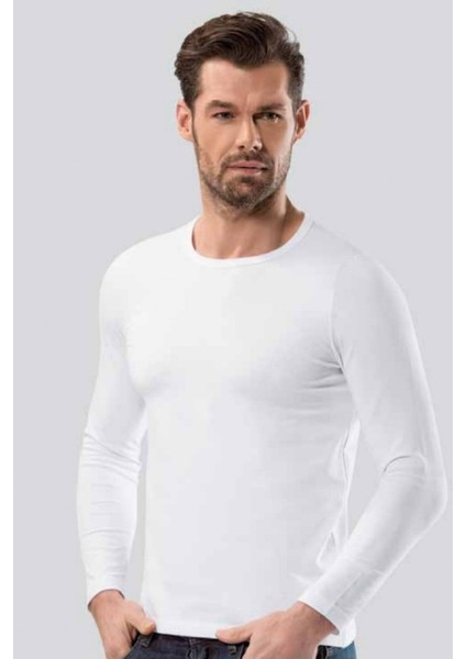 5 Adet, Uzun Kollu Fit Kalıp Erkek Atlet %92 Pamuk %8 Likra Beyaz