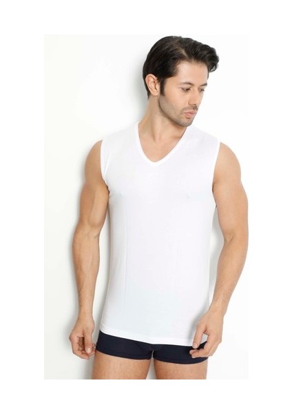 3 Adet, Bambu Kumaş, Kolsuz, V Yaka, Likralı Erkek Atlet & T-Shirt Beyaz