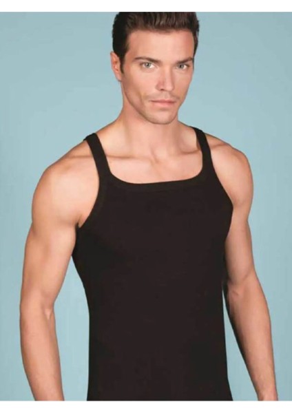 3 Adet, Askılı Kare Yaka Erkek Atlet %100 Pamuk(Ribana ) Siyah