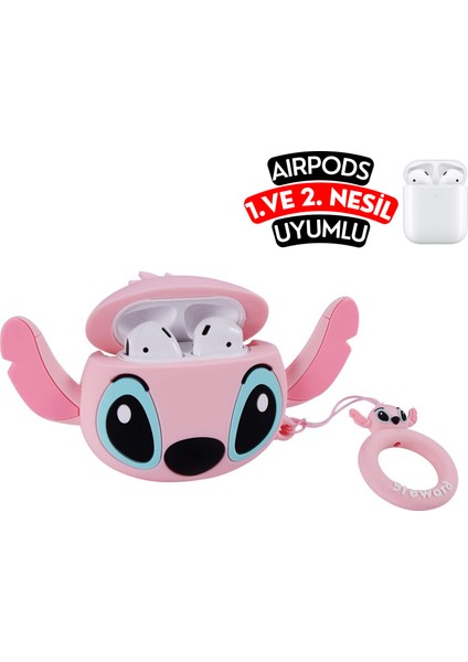 Airpods 1. ve 2.nesil Uyumlu Stitch Figürlü Sevimli Kopçalı Koruyucu Silikon Kılıf, Darbe Emici Kılıf