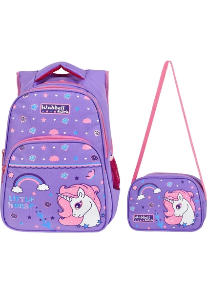 Waddellbag Kız Çocuk Mor Unicorn Ilkokul Sırt Çantası ve Beslenme Çantası