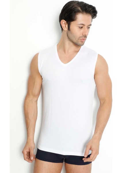 3 Adet, Bambu Kumaş, Kolsuz, V Yaka, Likralı Erkek Atlet & T-Shirt Beyaz