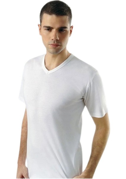 5 Adet, Erkek V Yaka Kısa Kol Atlet Ribana Kumaş %100 Pamuk(Ribana ) Beyaz