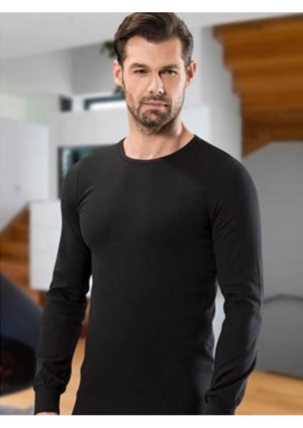 2 Adet, Uzun Kollu Fit Kalıp Erkek Atlet %92 Pamuk %8 Likra Siyah