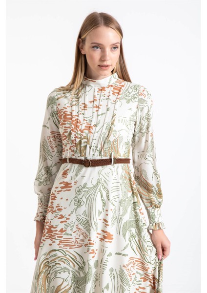 Hasır Örgü Kemer Detaylı Desenli Emprime Elbise Haki fiyatları