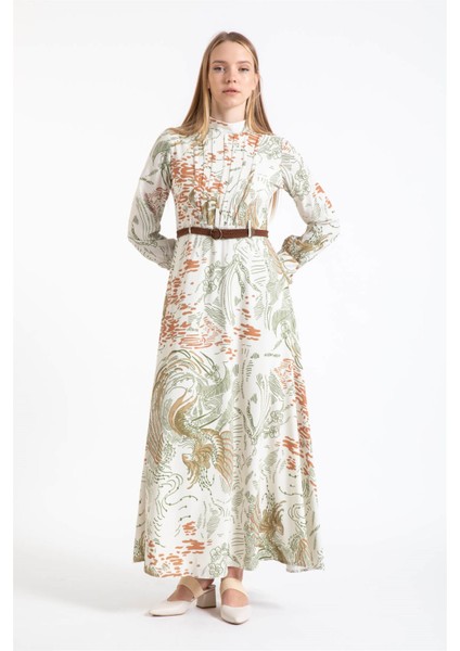 Hasır Örgü Kemer Detaylı Desenli Emprime Elbise Haki modelleri