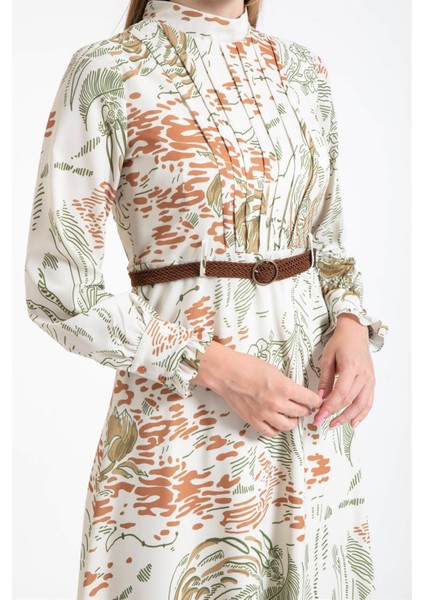 Hasır Örgü Kemer Detaylı Desenli Emprime Elbise Haki fırsatları