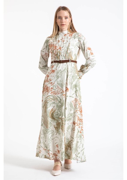 Hasır Örgü Kemer Detaylı Desenli Emprime Elbise Haki indirimleri