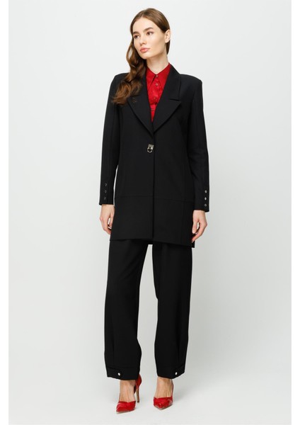 Çıt Çıt Detaylı Oversize Ceket Pantolon Takım Siyah