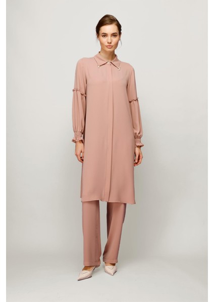 Inci Detaylı Kolları Büzdürme Detaylı Pantolon Tunik Takım Pudra