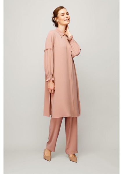 Inci Detaylı Kolları Büzdürme Detaylı Pantolon Tunik Takım Pudra fiyatları