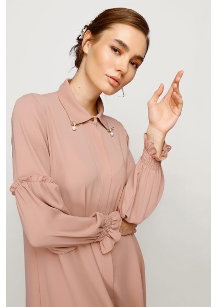 Inci Detaylı Kolları Büzdürme Detaylı Pantolon Tunik Takım Pudra modelleri