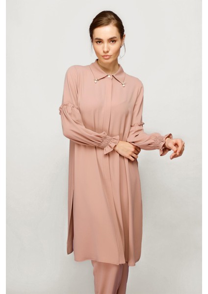 Inci Detaylı Kolları Büzdürme Detaylı Pantolon Tunik Takım Pudra fırsatları