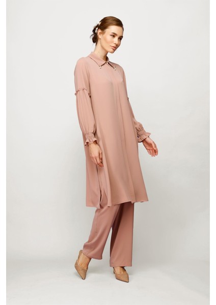 Inci Detaylı Kolları Büzdürme Detaylı Pantolon Tunik Takım Pudra indirimleri