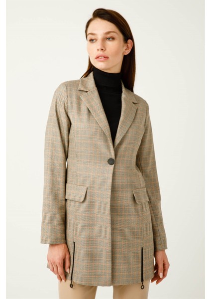 Ekose Desenli Fermuar Detaylı Blazer Ceket Bej