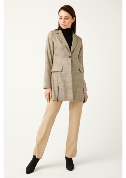 Ekose Desenli Fermuar Detaylı Blazer Ceket Bej fiyatları