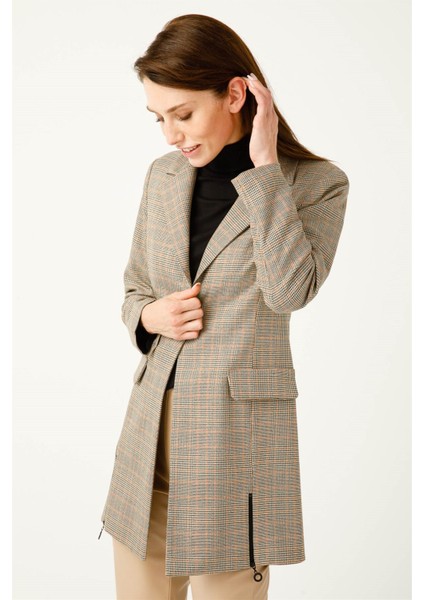 Ekose Desenli Fermuar Detaylı Blazer Ceket Bej modelleri