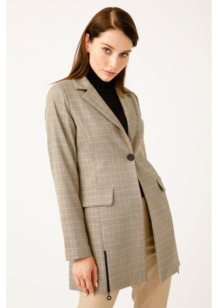 Ekose Desenli Fermuar Detaylı Blazer Ceket Bej indirimleri