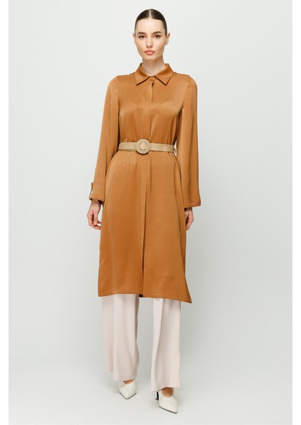 Fermuar Kapamalı Hasır Kemerli Kurtarıcı Tunik Taba