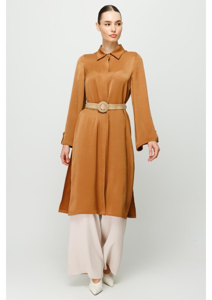 Fermuar Kapamalı Hasır Kemerli Kurtarıcı Tunik Taba modelleri