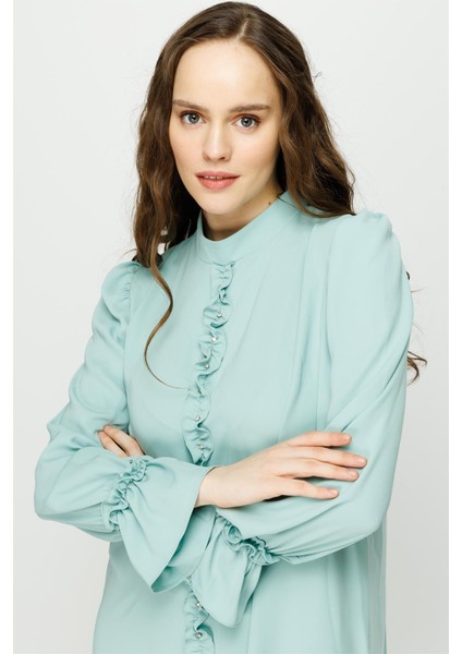 Önü ve Koları Büzdürme Detaylı Pantolon Tunik Takım Mint modelleri