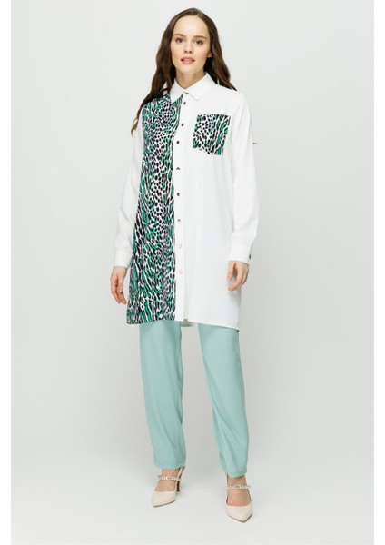 Leopar Baskı Detaylı Şık Tunik Yeşil