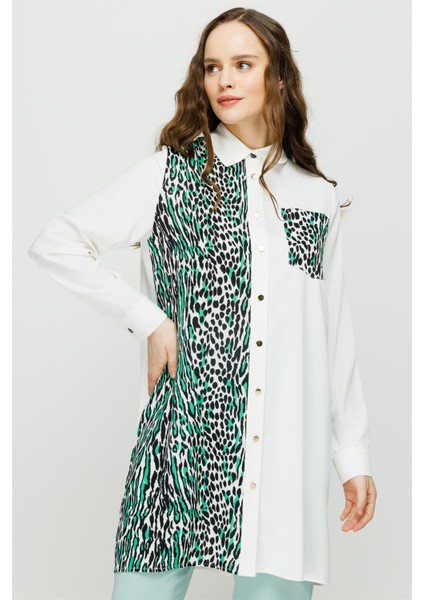 Leopar Baskı Detaylı Şık Tunik Yeşil