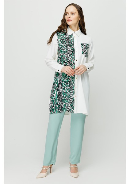 Leopar Baskı Detaylı Şık Tunik Yeşil