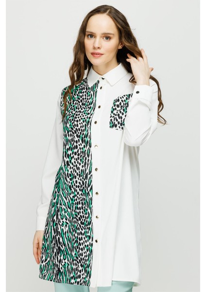 Leopar Baskı Detaylı Şık Tunik Yeşil