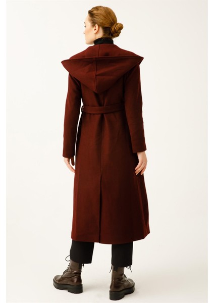 Geniş Kapişonlu Önden Bağlamalı Şanel Boy Kaban Bordo indirimleri