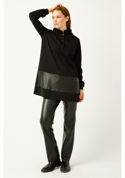 Kapişon Kenarı Pon Pon Detaylı Deri Kombinli Tunik Siyah fiyatları