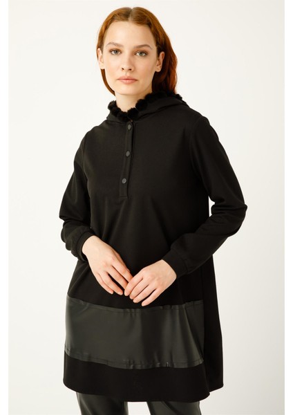 Kapişon Kenarı Pon Pon Detaylı Deri Kombinli Tunik Siyah modelleri