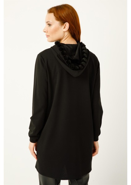 Kapişon Kenarı Pon Pon Detaylı Deri Kombinli Tunik Siyah indirimleri