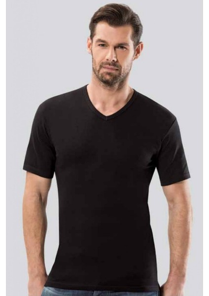 3 Adet, Erkek V Yaka Kısa Kol Atlet Ribana Kumaş %100 Pamuk(Ribana ) Siyah