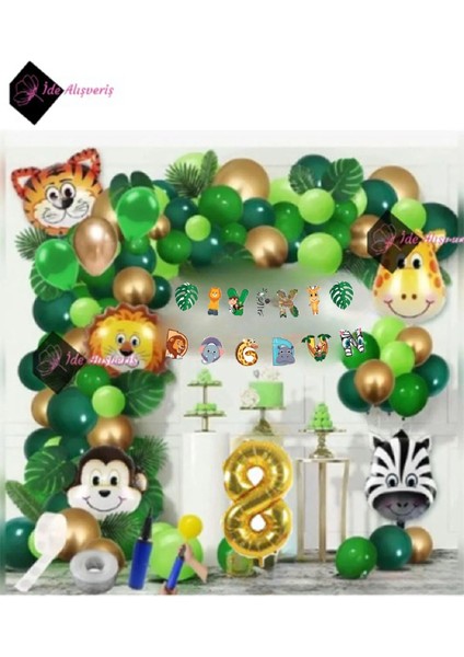 9 Yaş Iyi Ki Doğdun Uzar Yazı Safari Temalı Folyo Lüks Zincir Balon Seti