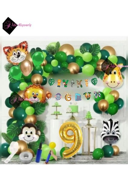 9 Yaş Iyi Ki Doğdun Uzar Yazı Safari Temalı Folyo Lüks Zincir Balon Seti
