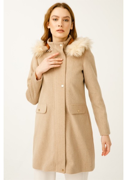 Yün Kumaş Fermuar Kapamalı Kapişonlu Kaban Camel fiyatları