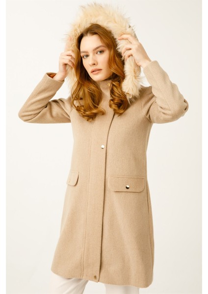 Yün Kumaş Fermuar Kapamalı Kapişonlu Kaban Camel indirimleri