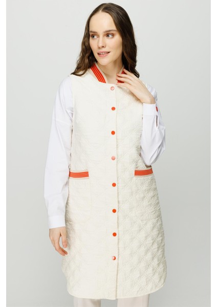 Hafif Kumaş Ribana Detaylı Yelek Ekru