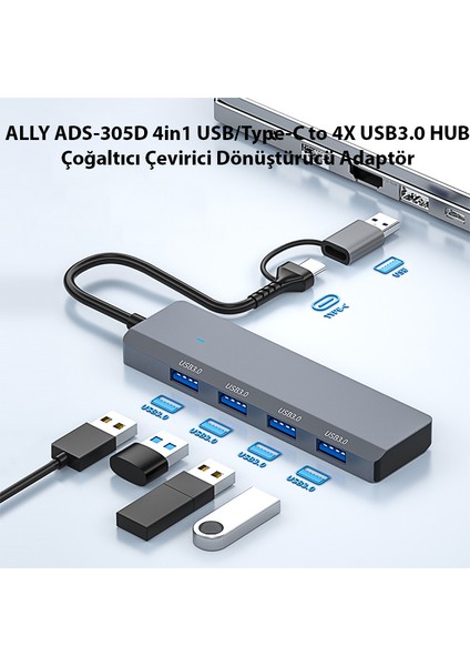 ADS-305D 4in1 Usb-Type-C To 4x Usb3.0 Hub Çoğaltıcı Çevirici Dönüştürücü Adaptör