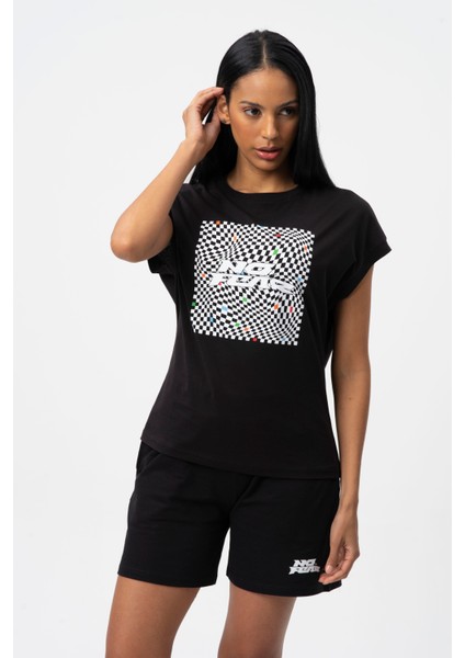 Siyah Bisiklet Yaka Düşük Kol Baskılı Kadın T-shirt W500131
