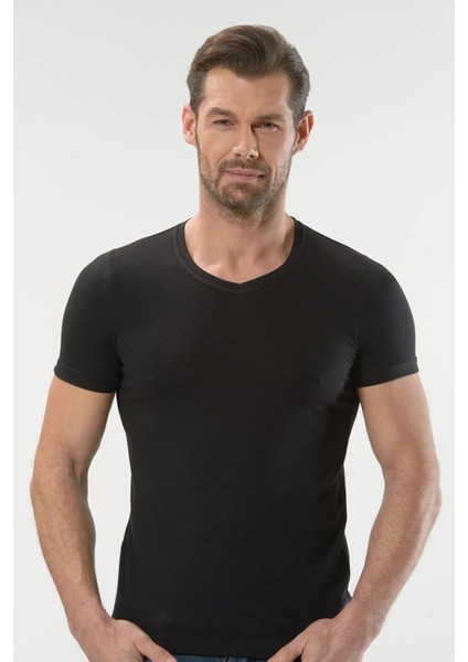 2 Adet, Modal V Yaka Kısa Kollu Atlet %47 Modal %47 Cotton %6 Elastan Siyah